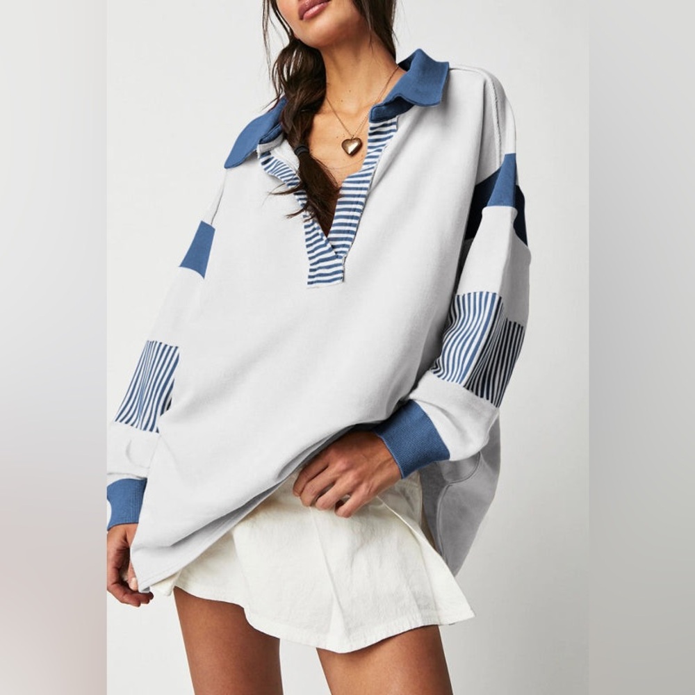 Hazel Blues. Color Block Johnny Color Long Sleeve Sweatshirt. Blue/White. Small.